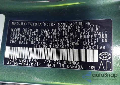 2016 Toyota Corolla Le z USA, uszkodzony, nr VIN 2T1BURHE8GC566733